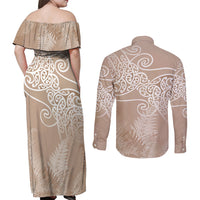 Aotearoa Maori Koru Curves Couples Matching Off Shoulder Maxi Dress and Long Sleeve Button Shirt Silver Ferns - Mocha