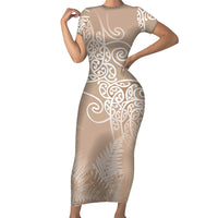 Aotearoa Maori Koru Curves Family Matching Short Sleeve Bodycon Dress and Hawaiian Shirt Silver Ferns - Mocha LT7 Mom's Dress Beige - Polynesian Pride