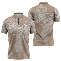 Aotearoa Maori Koru Curves Zipper Polo Shirt Silver Ferns - Mocha