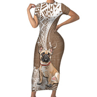 Personalised Polynesian Pacific Bulldog Short Sleeve Bodycon Dress With Brown Hawaii Tribal Tattoo Patterns LT7 Long Dress Brown - Polynesian Pride