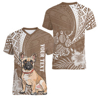 Personalised Polynesian Pacific Bulldog Women V Neck T Shirt With Brown Hawaii Tribal Tattoo Patterns LT7 - Polynesian Pride