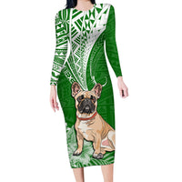 Personalised Polynesian Pacific Bulldog Long Sleeve Bodycon Dress With Emerald Hawaii Tribal Tattoo Patterns LT7 Long Dress Green - Polynesian Pride