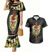 Hawaii Ka Pule a ka Haku Memorial Couples Matching Mermaid Dress and Hawaiian Shirt Flower Lei Cross - Black LT7 Black - Polynesian Pride