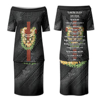 Hawaii Ka Pule a ka Haku Memorial Couples Matching Puletasi and Long Sleeve Button Shirt Flower Lei Cross - Black LT7 - Polynesian Pride