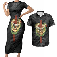 Hawaii Ka Pule a ka Haku Memorial Couples Matching Short Sleeve Bodycon Dress and Hawaiian Shirt Flower Lei Cross - Black LT7 Black - Polynesian Pride