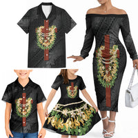 Hawaii Ka Pule a ka Haku Memorial Family Matching Off The Shoulder Long Sleeve Dress and Hawaiian Shirt Flower Lei Cross - Black LT7 - Polynesian Pride