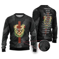 Hawaii Ka Pule a ka Haku Memorial Ugly Christmas Sweater Flower Lei Cross - Black