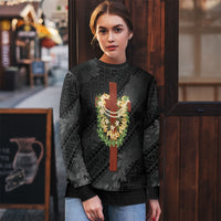 Hawaii Ka Pule a ka Haku Memorial Ugly Christmas Sweater Flower Lei Cross - Black