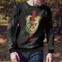 Hawaii Ka Pule a ka Haku Memorial Ugly Christmas Sweater Flower Lei Cross - Black