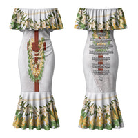Hawaii Ka Pule a ka Haku Memorial Couples Matching Mermaid Dress and Hawaiian Shirt Flower Lei Cross - Ivory White LT7 - Polynesian Pride