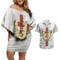 Hawaii Ka Pule a ka Haku Memorial Couples Matching Off Shoulder Short Dress and Hawaiian Shirt Flower Lei Cross - Ivory White LT7 Ivory - Polynesian Pride