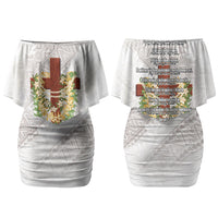 Hawaii Ka Pule a ka Haku Memorial Couples Matching Off Shoulder Short Dress and Long Sleeve Button Shirt Flower Lei Cross - Ivory White LT7 - Polynesian Pride