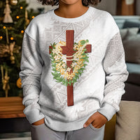 Hawaii Ka Pule a ka Haku Memorial Kid Ugly Christmas Sweater Flower Lei Cross - Ivory White