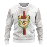 Hawaii Ka Pule a ka Haku Memorial Ugly Christmas Sweater Flower Lei Cross - Ivory White