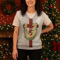 Hawaii Ka Pule a ka Haku Memorial Christmas Knitted V-Neck Vest Flower Lei Cross - Ivory White