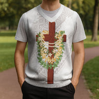 Hawaii Ka Pule a ka Haku Memorial Christmas Knitted V-Neck Vest Flower Lei Cross - Ivory White