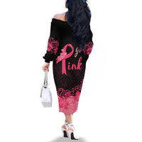 Polynesian Family Matching Off Shoulder Long Sleeve Dress and Hawaiian Shirt Plumeria Breast Cancer Awareness Survivor Ribbon Pink LT7 - Polynesian Pride