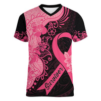 Polynesian Women V Neck T Shirt Plumeria Breast Cancer Awareness Survivor Ribbon Pink LT7 Female Black Pink - Polynesian Pride