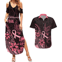 Polynesian Couples Matching Summer Maxi Dress and Hawaiian Shirt Breast Cancer RIbbon Butterfly Mix Plumeria Curves Pink LT7 Black Pink - Polynesian Pride