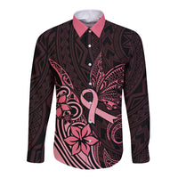 Polynesian Long Sleeve Button Shirt Breast Cancer RIbbon Butterfly Mix Plumeria Curves Pink LT7 Unisex Black Pink - Polynesian Pride