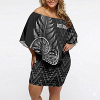 New Zealand Ta Moko Silver Fern Off Shoulder Short Dress Taniko Taniwha Motifs