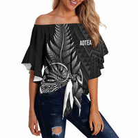 New Zealand Ta Moko Silver Fern Off Shoulder Wrap Waist Top Taniko Taniwha Motifs