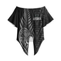 New Zealand Ta Moko Silver Fern Off Shoulder Wrap Waist Top Taniko Taniwha Motifs