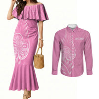 New Zealand Ta Moko Silver Fern Pink Couples Matching Mermaid Dress and Long Sleeve Button Shirt Taniko Taniwha Motifs
