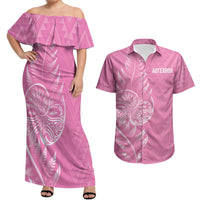 New Zealand Ta Moko Silver Fern Pink Couples Matching Off Shoulder Maxi Dress and Hawaiian Shirt Taniko Taniwha Motifs