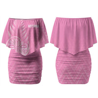 New Zealand Ta Moko Silver Fern Pink Couples Matching Off Shoulder Short Dress and Hawaiian Shirt Taniko Taniwha Motifs
