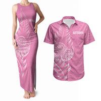 New Zealand Ta Moko Silver Fern Pink Couples Matching Tank Maxi Dress and Hawaiian Shirt Taniko Taniwha Motifs