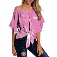New Zealand Ta Moko Silver Fern Pink Off Shoulder Wrap Waist Top Taniko Taniwha Motifs