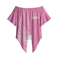 New Zealand Ta Moko Silver Fern Pink Off Shoulder Wrap Waist Top Taniko Taniwha Motifs