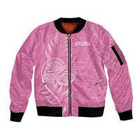 New Zealand Ta Moko Silver Fern Pink Sleeve Zip Bomber Jacket Taniko Taniwha Motifs