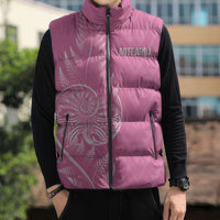 New Zealand Ta Moko Silver Fern Pink Sleeveless Puffer Jacket Taniko Taniwha Motifs