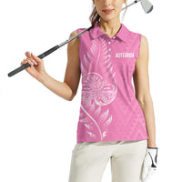 New Zealand Ta Moko Silver Fern Pink Women Sleeveless Polo Shirt Taniko Taniwha Motifs