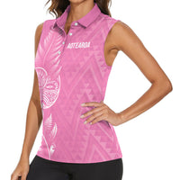 New Zealand Ta Moko Silver Fern Pink Women Sleeveless Polo Shirt Taniko Taniwha Motifs