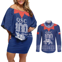 Queen Salote College 100 Years Anniversary Personalized Couples Matching Off Shoulder Short Dress and Long Sleeve Button Shirt Tonga QSC Royal Blue - Polynesian Pride