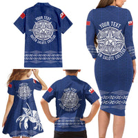 Queen Salote College 100 Years Anniversary Personalized Family Matching Long Sleeve Bodycon Dress and Hawaiian Shirt Tonga QSC Royal Blue LT7 - Polynesian Pride