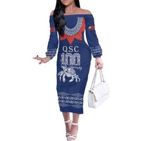 Queen Salote College 100 Years Anniversary Personalized Family Matching Off The Shoulder Long Sleeve Dress and Hawaiian Shirt Tonga QSC Royal Blue LT7 Mom's Dress Royal Blue - Polynesian Pride