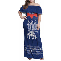 Queen Salote College 100 Years Anniversary Personalized Family Matching Off Shoulder Maxi Dress and Hawaiian Shirt Tonga QSC Royal Blue - Polynesian Pride