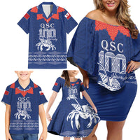 Queen Salote College 100 Years Anniversary Personalized Family Matching Off Shoulder Short Dress and Hawaiian Shirt Tonga QSC Royal Blue LT7 - Polynesian Pride