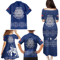 Queen Salote College 100 Years Anniversary Personalized Family Matching Puletasi and Hawaiian Shirt Tonga QSC Royal Blue - Polynesian Pride