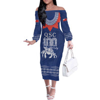 Queen Salote College 100 Years Anniversary Personalized Off The Shoulder Long Sleeve Dress Tonga QSC Royal Blue - Polynesian Pride