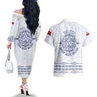 Queen Salote College 100 Years Anniversary Personalized Couples Matching Off The Shoulder Long Sleeve Dress and Hawaiian Shirt Tonga QSC White LT7 - Polynesian Pride