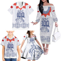 Queen Salote College 100 Years Anniversary Personalized Family Matching Off The Shoulder Long Sleeve Dress and Hawaiian Shirt Tonga QSC White LT7 - Polynesian Pride