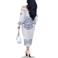 Queen Salote College 100 Years Anniversary Personalized Family Matching Off The Shoulder Long Sleeve Dress and Hawaiian Shirt Tonga QSC White LT7 - Polynesian Pride