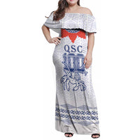 Queen Salote College 100 Years Anniversary Personalized Family Matching Off Shoulder Maxi Dress and Hawaiian Shirt Tonga QSC White - Polynesian Pride