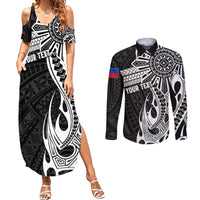 Personalised Philippines Couples Matching Summer Maxi Dress and Long Sleeve Button Shirt Tribal Sun LT7 Black - Polynesian Pride