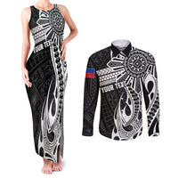 Personalised Philippines Couples Matching Tank Maxi Dress and Long Sleeve Button Shirt Tribal Sun LT7 Black - Polynesian Pride